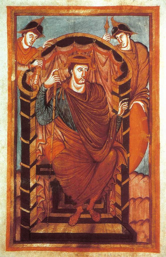 Manuscrit médiéval représentant Lothaire Ier entouré de sa cour et de ses conseillers durant le Haut Moyen Âge.